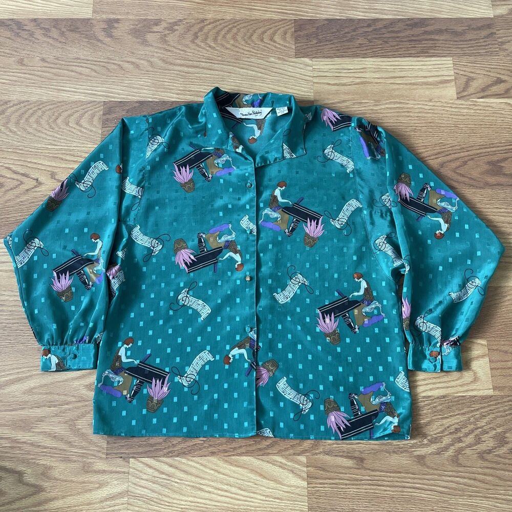 Vtg Diane Von Furstenberg Vintage Flapper Girl On Piano Silky Teal Blouse Sz L